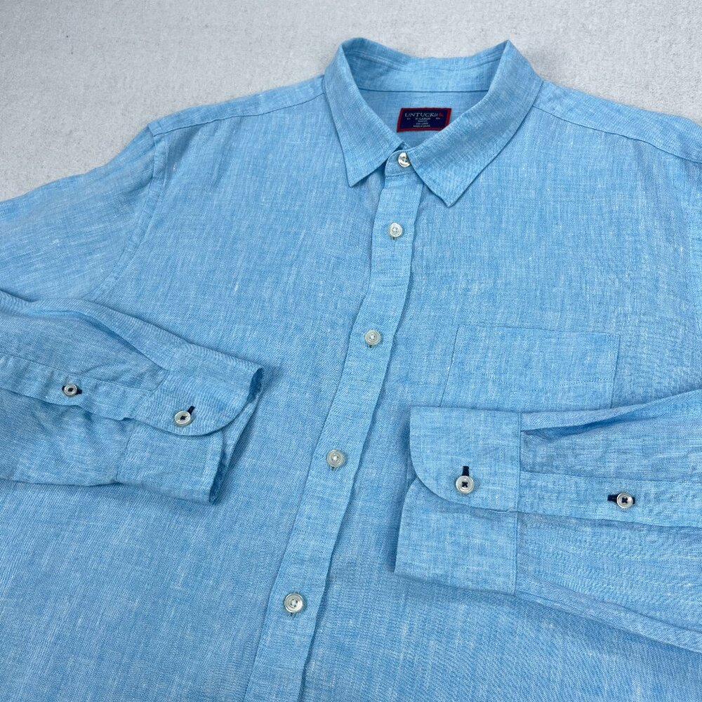 UNTUCKit Shirt Mens XL Slim Fit 100% Linen Chambray Light Blue Long Sleeve